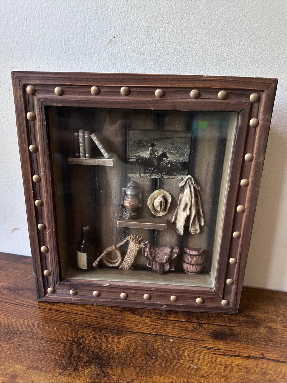 Vintage Western Cowboy Shadow Box 3D Wall Art Wooden Studded Frame Saddle Lasso - Picture 3 of 11